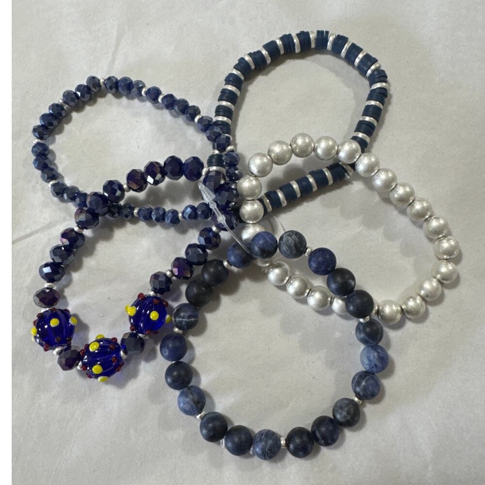 Five Stretch Bracelets Blue & Silver Tone Beads Worn Separately or Together